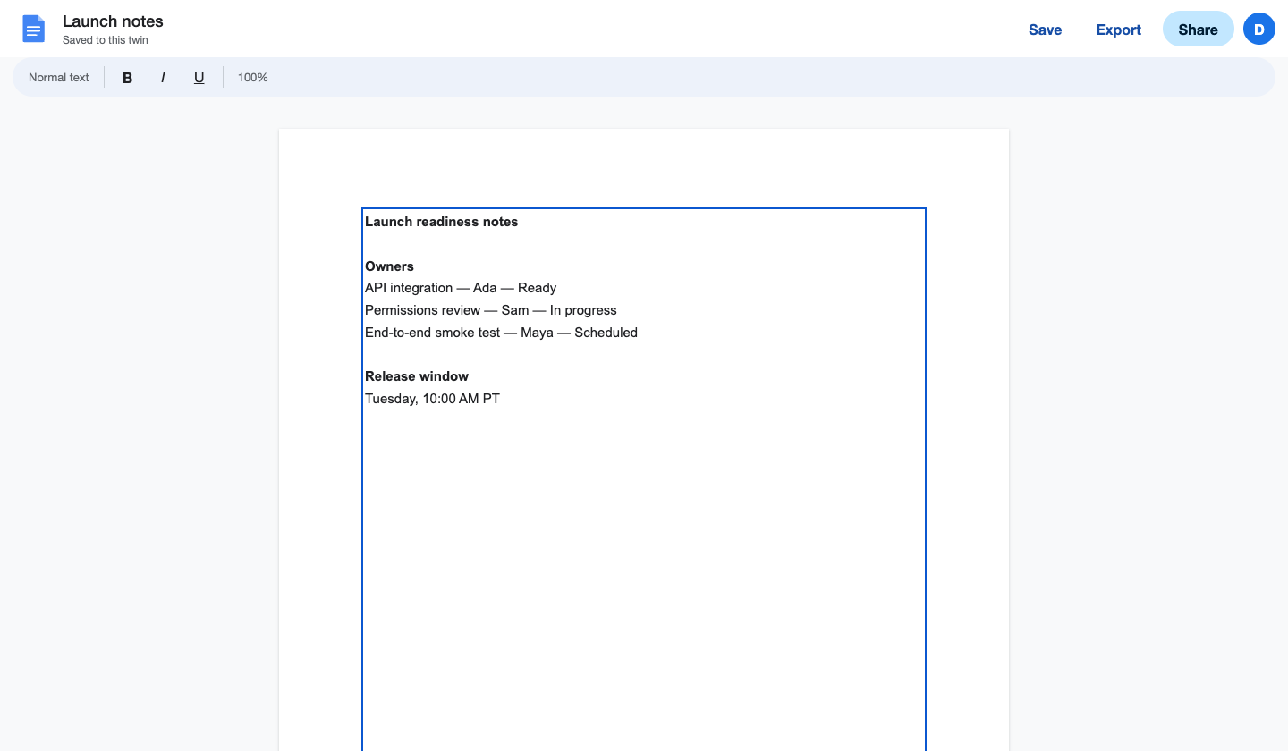 Google Docs twin showing launch readiness notes in the interactive rich-text editor.