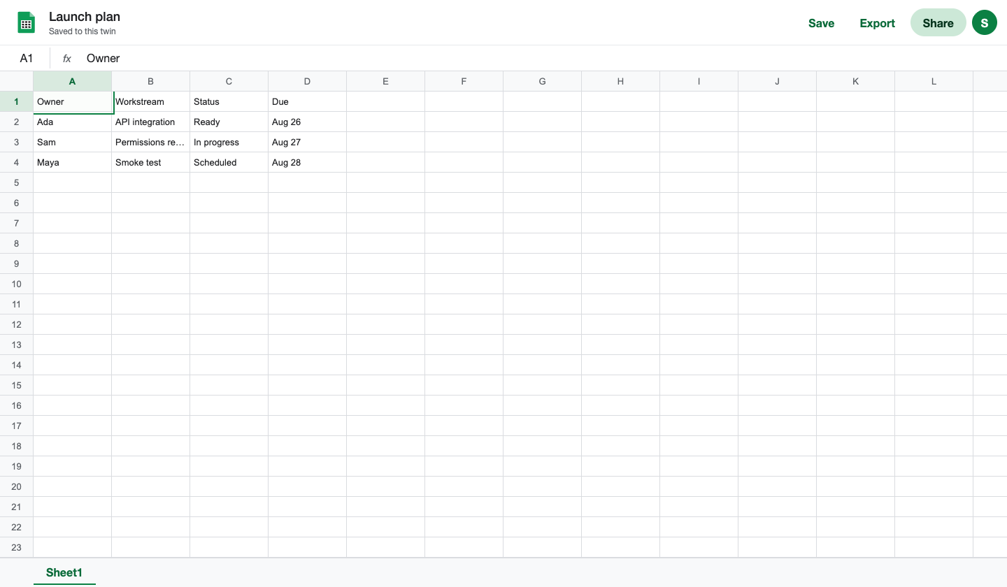 Google Sheets twin showing a launch plan in the interactive spreadsheet grid.
